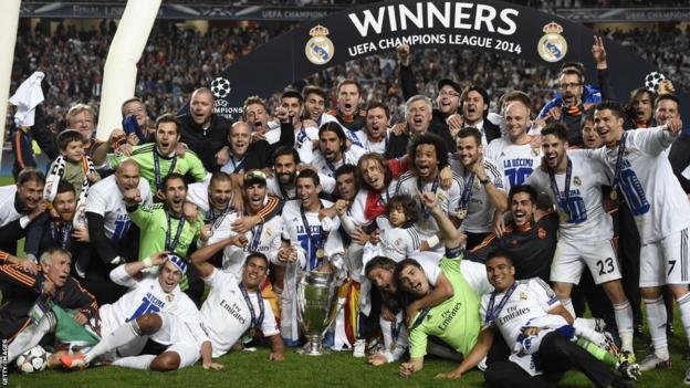 Real Madrid celebrate after beating Atletico Madrid 4-1 to win the Champions League