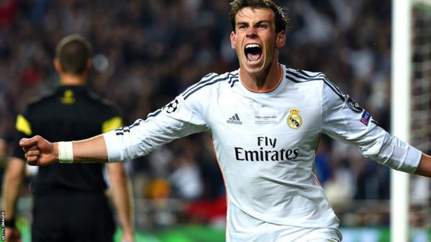 Gareth Bale celebrates after giving Real Madrid lead for the first time in the second half of injury time