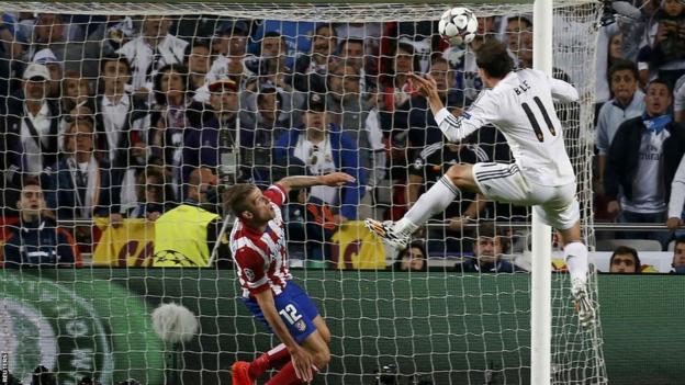Gareth Bale heads Real Madrid into a 2-1 lead after reacting quickest once Angel Di Maria's shot was saved