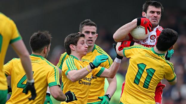 Derry's Mark Lynch was a closely marked man in the Ulster Championship match against Donegal