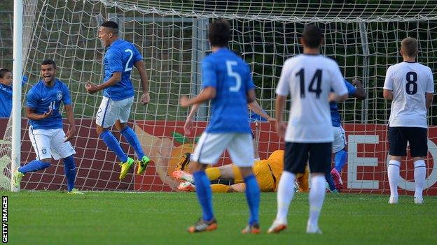 Alisson celebrates after scoring Brazil's first goal against England Under-20s in the Toulon Tournament.
