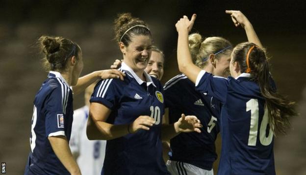 Jennifer Beattie (centre) celebrates with her Scotland team-mates