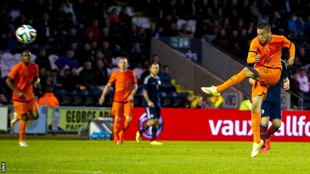 Hakim Ziyech scores for the Netherlands Under-21s against Scotland