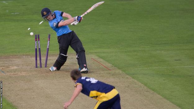 Glamorgan bowler Michael Hogan takes the wicket of Sussex's Ben Brown in their T20 match at Swalec Stadium on Friday night.