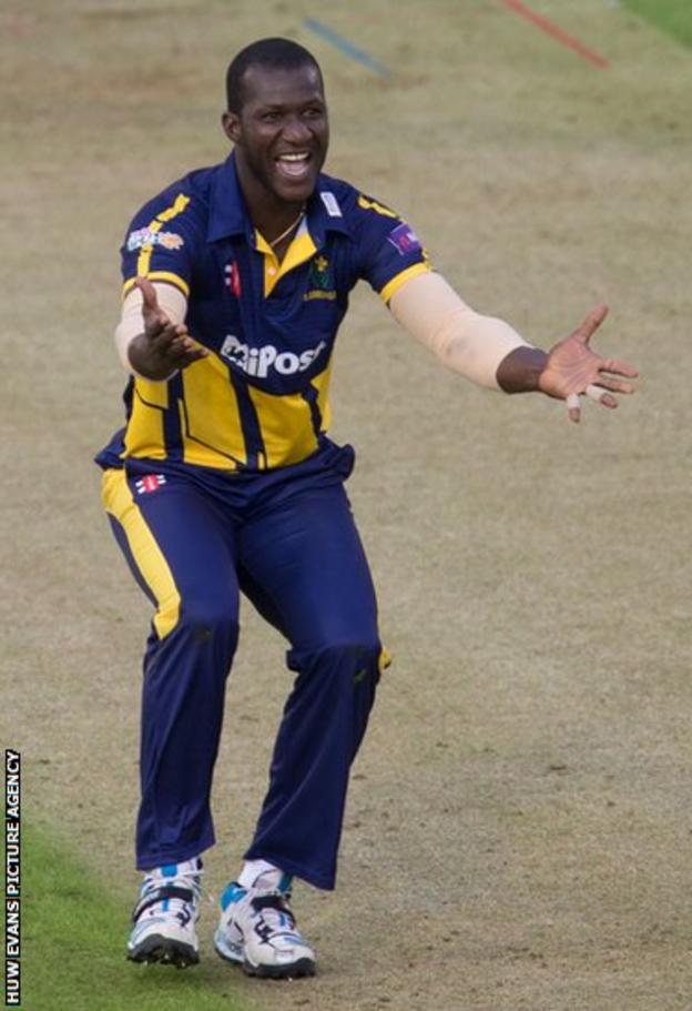 New Glamorgan signing Darren Sammy appeals in vain for a decision in the T20 match against Sussex.