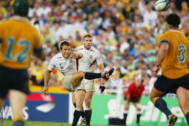 Jonny Wilkinson kicks the winning drop-goal against Australia in the 2003 Rugby World Cup final