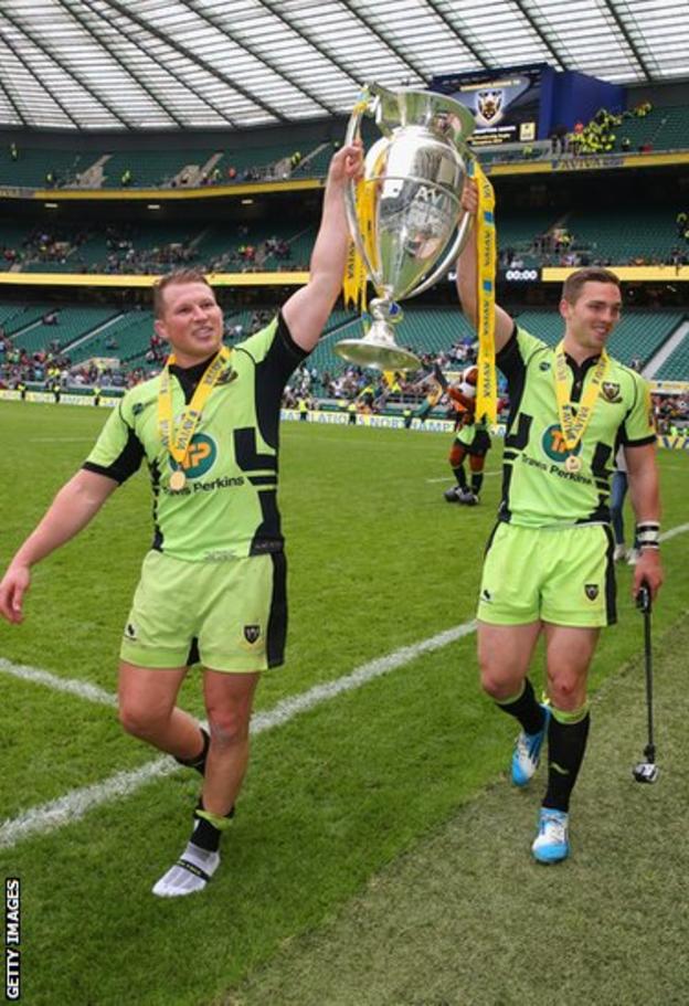 North and Dylan Hartley parade the Premiership trophy following Northampton’s dramatic extra-time win over Saracens.