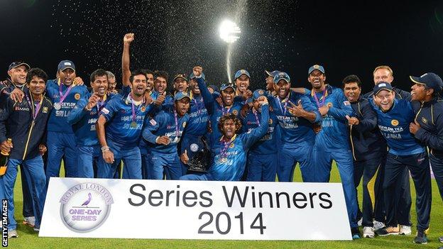 Sri Lanka celebrate with the one-day series trophy