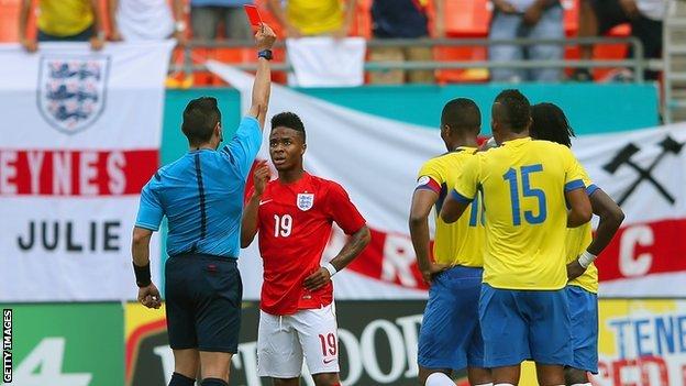 Raheem Sterling being show the record against Ecuador on Wednesday