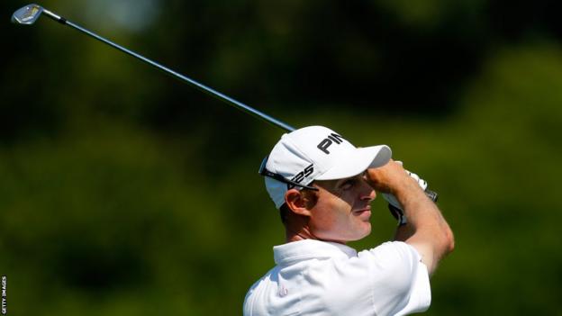 Rhys Davies of Wales plays a shot during the Lyoness Open at the Diamond Country Club in Atzenbrugg, Austria.