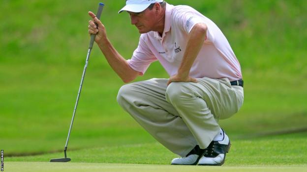 Mark Mouland of Wales in action during the third round of the ISPS Handa PGA Seniors Championship at Stoke by Nayland Hotel Golf and Spa.
