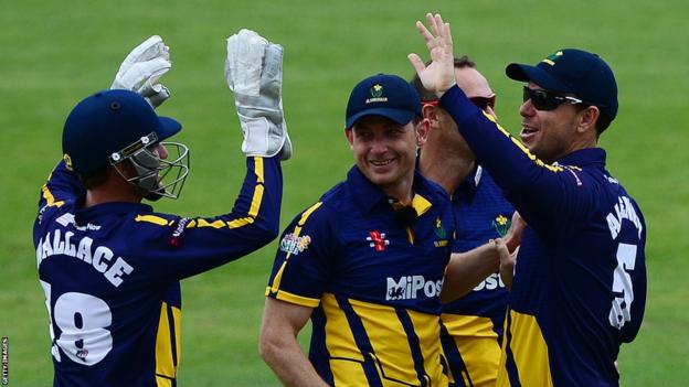 Glamorgan players celebrate taking a wicket in their T20 Blast match against Gloucestershire in Bristol.
