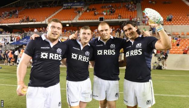 Scotland debutants (L-R) Alex Allan, Finn Russell, Gordon Reid and Blair Cowan celebrate at full-time