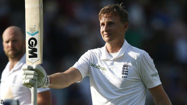 Joe Root celebrates his century for England against Sri Lanka at Lord's