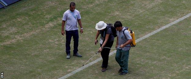 Ground staff appeared to spray the Manaus pitch with green paint.