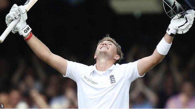 England batsman Joe Root celebrates his double century at Lord's