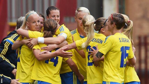 The Swedes celebrate after taking the lead at Fir Park