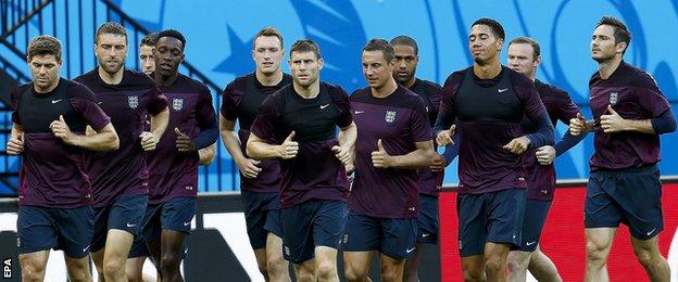 England during training at the Arena Amazonia in Manaus as they prepare to take on Italy in their Group D opener