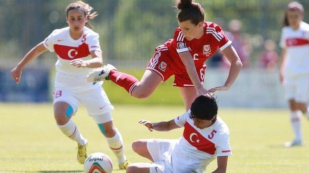 Wales’ Angharad James is tackled by Turkey’s Hanife Demiryol
