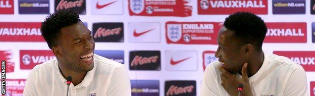 Daniel Sturridge and Danny Welbeck share a joke during an England press conference