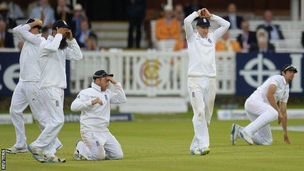 England's Gary Ballance, Moeen Ali, Ian Bell, Joe Root and Alastair Cook react after Sri Lanka"s drew the the first Test
