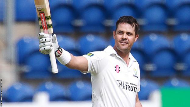 Jacques Rudolph of Glamorgan celebrates scoring a century against Kent on day two of their County Championship match in Cardiff.