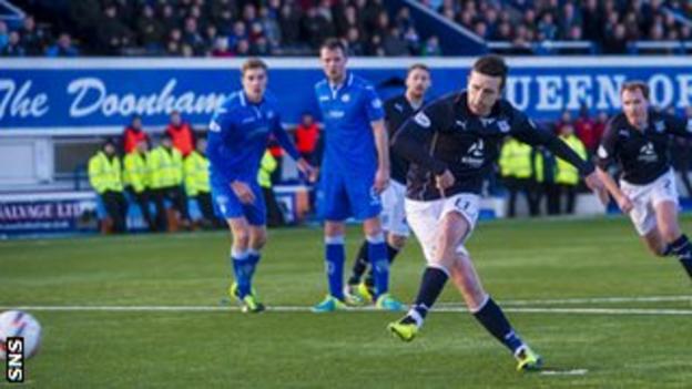 Ryan Conroy scores a penalty for Dundee against Queen of the South