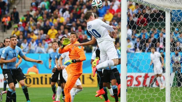 England's Wayne Rooney's heads against the bar against Uruguay