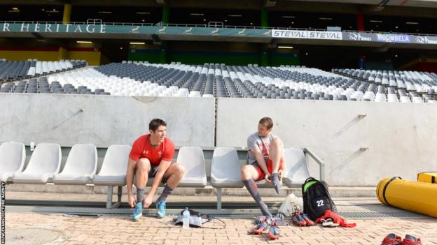James Hook and Dan Biggar get ready for Wales’ final training session at the Mbombela Stadium in Nelspruit ahead of Saturday’s second Test against South Africa.