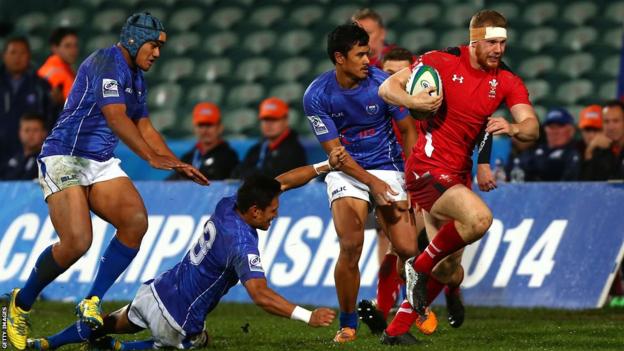 Jack Dixon makes a break during Wales U20s seventh place play-off victory over Samoa at the IRB Junior World Championship in New Zealand.
