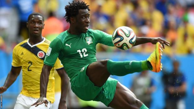 Swansea City striker Wilfried Bony in action for Ivory Coast against Columbia at the 2015 World Cup in Brazil.