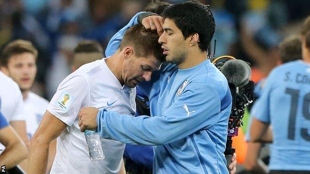 Uruguay striker Luis Suarez scored twice to put Steven Gerrard's England out of the World Cup
