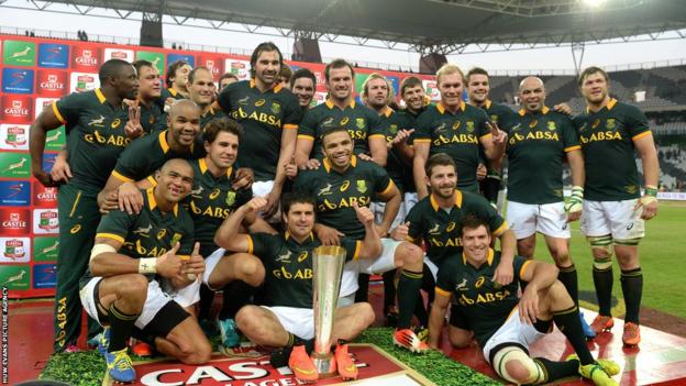 South Africa players celebrate the series win with Wales having retained the Prince William Cup.