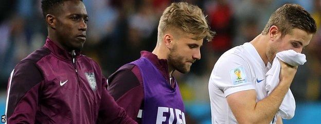 Danny Welbeck, Luke Shaw and Jordan Henderson of England