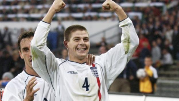 Gerrard celebrates his goal during the Fifa World Cup 2002 Group Nine qualifying match against Germany