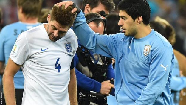 World Cup 2014: Steven Gerrard is consoled by Uruguay's forward Luis Suarez after defeat in the Group D match between Uruguay and England