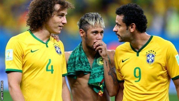 David Luiz, Neymar and Fred after Monday's game against Cameroon