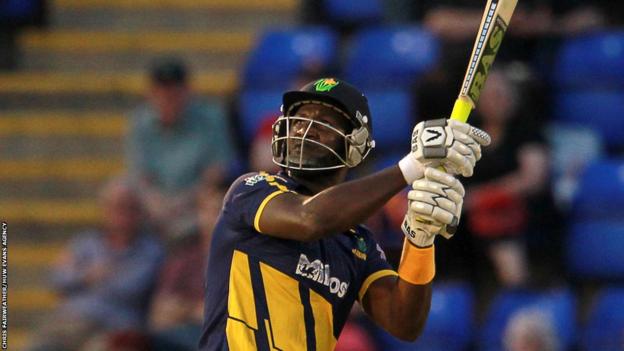 West Indies all-rounder Darren Sammy makes 28 off 14 balls in his last match for Glamorgan against Hampshire in their T20 Blast defeat at the Swalec Stadium