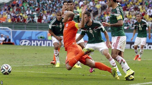 Netherlands forward Arjen Robben was awarded a penalty late on in his side's win over Mexico