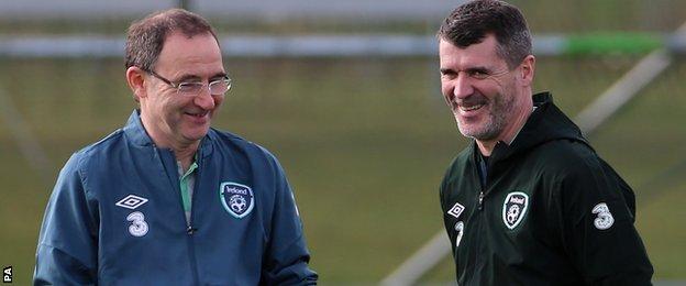 Martin O'Neill and Roy Keane share a joke