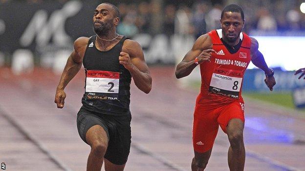Tyson Gay on his way to victory over Richard Thompson in Paris