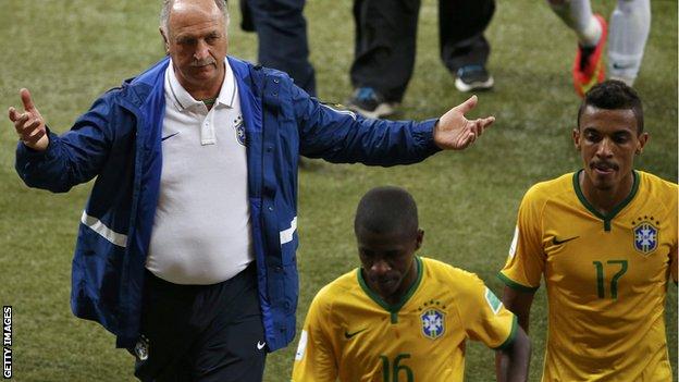 Luiz Felipe Scolari with Brazil players after the World Cup defeat by Germany