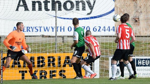 Michael Duffy scores Derry City's first goal against Aberystwyth