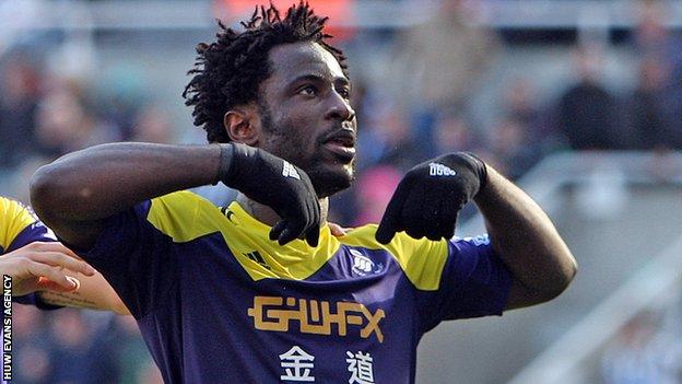 Wilfried Bony celebrates scoring for Swansea against Newcastle last season