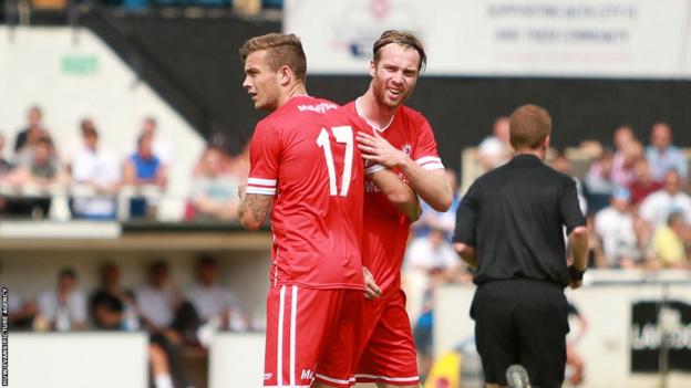 Jo Inge Berget (right) is congratulated by Joe Ralls after giving Cardiff City the lead in the 1-1 draw against Bath City