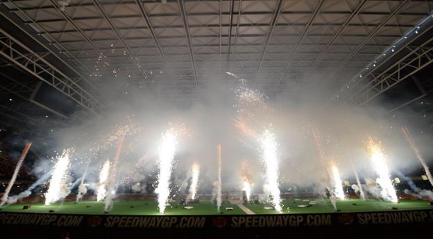 Pyrotechnics before the action at the Millennium Stadium when the British Speedway Grand Prix attracted a crowd in excess of 50,000 on Saturday