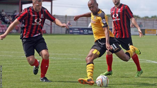 Newport County striker Chris Zebrowski shapes to shoot in his side's 5-0 pre-season friendly win against Cirencester Town