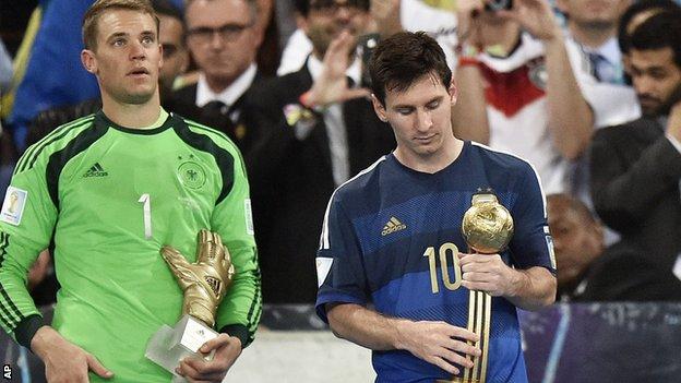 Argentina forward Lionel Messi (right) and Germany keeper Manuel Neuer