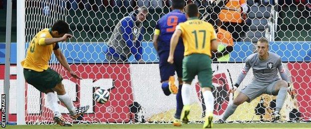 Mile Jedinak scores for Australia against the Netherlands