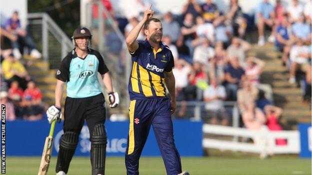 Graham Wagg of Glamorgan celebrates taking a wicket